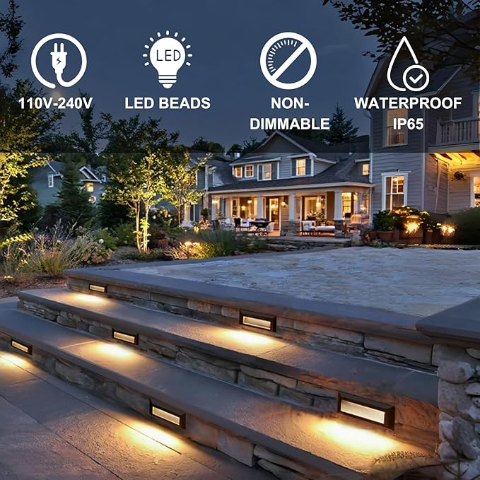 ZONK LED Outdoor Indoor Step Lights Line Voltage 110-240V 2W Landscape Stair Lights 9Inch Non-dimmable 3000K IP65 Waterproof Stairway Lighting LED Deck Light Retaining Wall Lights Pack of 6