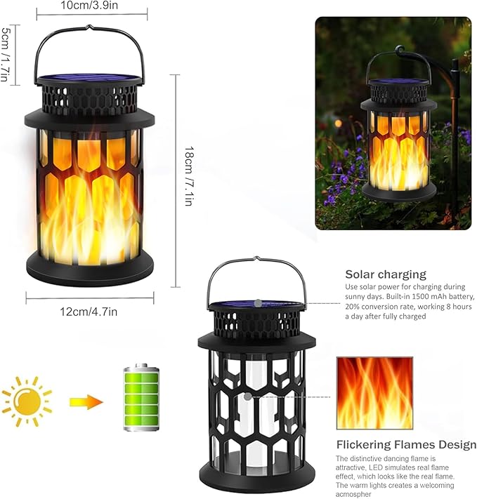 Sola Lanterns Outdoor Waterproof Flickering Flame Hanging Solar Lanterns Solar Powered Wireless Lantern Decorative Lighting for Halloween PartyPatioGardenYardPathway