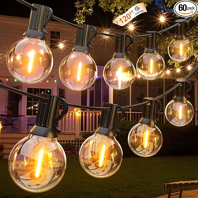 GLUROO 120FT Outdoor String Lights G40 LED Patio Lights with 64pcs Bulbs Waterproof Shatterproof Dimmable Globe Hanging Outdoor Cafe Bistro Porch Outside Light 2Packs * 60ft