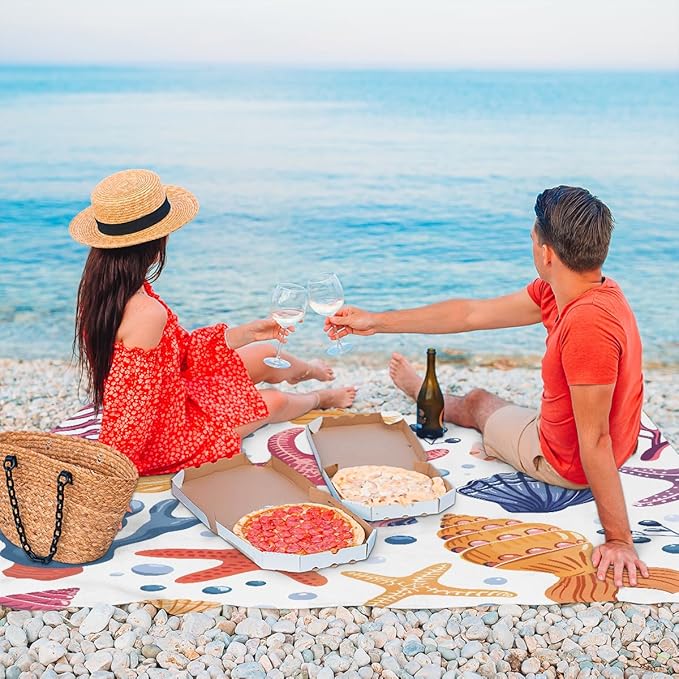 Waterproof Sandproof Beach Blanket 59''×68'' Ocean Shell Polyester Outdoor Picnic Blanket with 4 Stakes &amp Storage Bag for BeachCampingVacation Coral Reef
