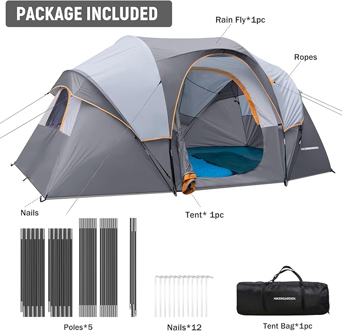 HIKERGARDEN 10 Person Camping Tent - Portable Easy Set Up Family Tent for Camp Windproof Fabric Dome Tent Outdoor for Hiking Backpacking Traveling-14'x11'x74in(H)