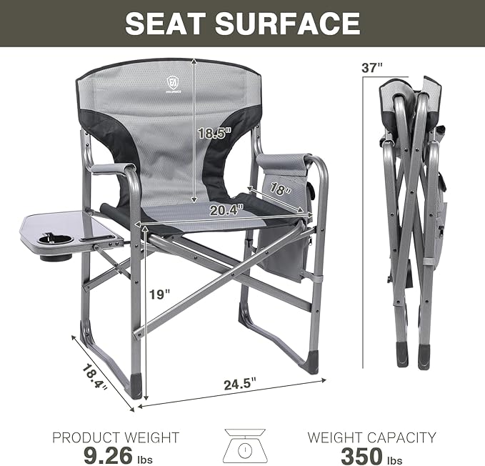 EVER ADVANCED Aluminum Lightweight Folding Director Chair 350lbs Heavy Duty Camping Chair with Side Table &amp Storage 19 Joint-Friendly Height Easy to Stand Portable Makeup Artist &amp Vendor C