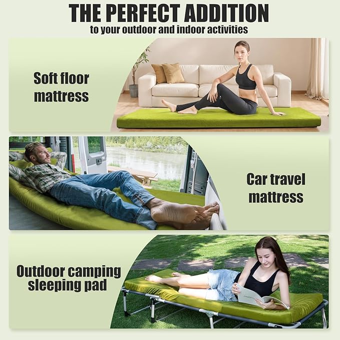 Sleeping Pad3-inch Thick Memory Foam Camping MattressPortable Roll-Up Mat for Car/Tent/Floor/Cot/TravelComfortable Pad for Guests Sleepover