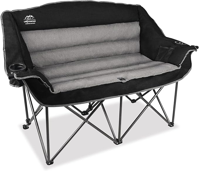 Fully Padded Folding Double Camping ChairsComfy Oversized Loveseat Lawn Chair w/Wine Glass HolderCup HolderHeavy Duty Outdoor Portable Camp Couch Support 600 LbsBlack