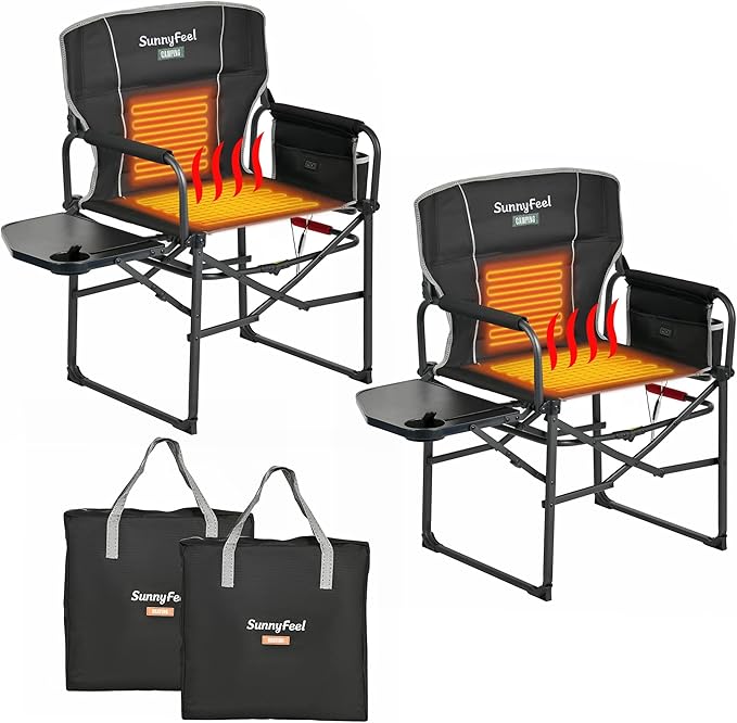 SUNNYFEEL Heated Camping Directors Chair Heavy DutyOversized Outdoor Portable Heating Folding Chair with Side Table Pocket for Beach FishingTripPicnicLawnConcert Foldable Camp Chairs