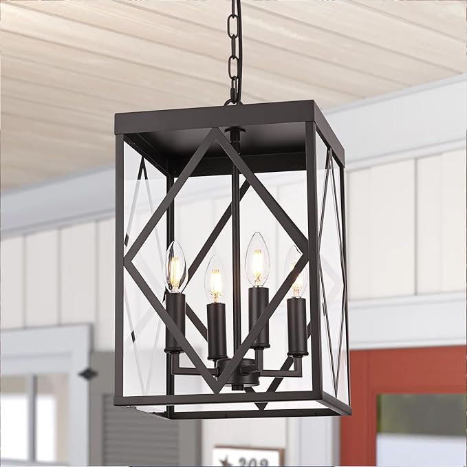 11 Outdoor Pendant Light Exterior Hanging Lantern Farmhouse Oil Rubbed Brozne Outside Chandelier Light Fixture Ceiling Mount Hanging Porch Light with Clear Glass for Front Porch Entrance