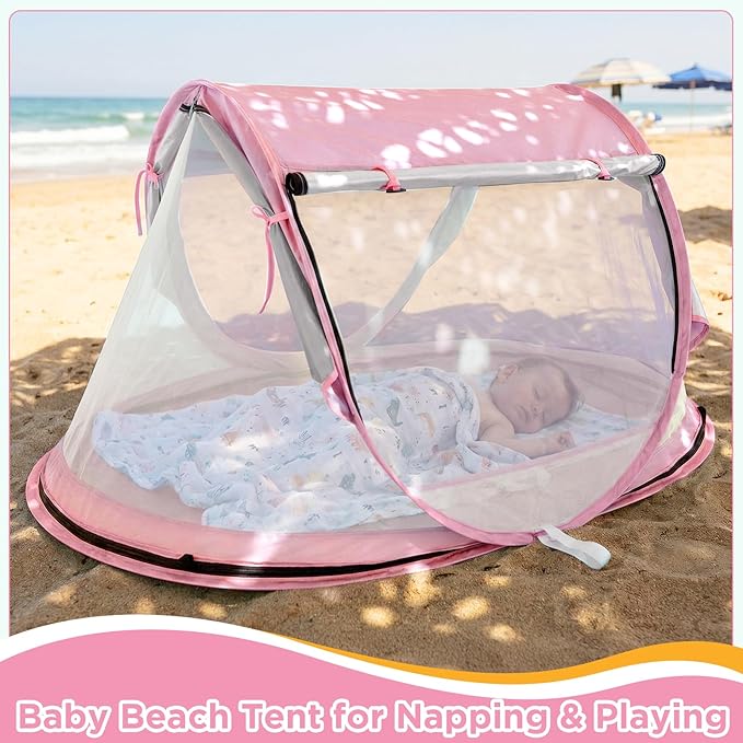 Baby Beach Tent Pop Up Beach Tent Sun Shade for Beach UPF 50+ UV Protection Sun Shelters for Infants with Carry Bag for Outdoor Travel Camping(Pink)