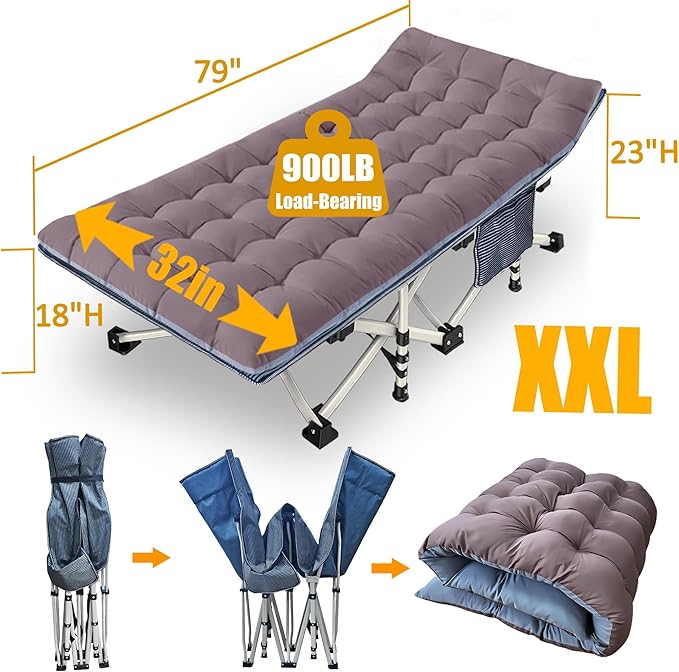 79 L x 32 W x 18 H Camping Cot with Comfortable Mattress for Adults Oversize XXL Cots for Sleeping Camping Bed Folding Cot Heavy Duty with Carry Bag for Home Outdoor Travel