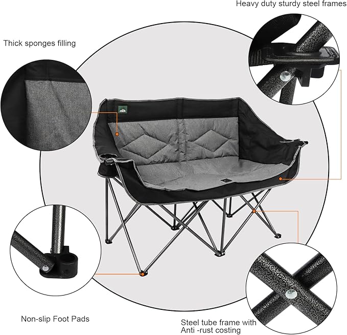 Northroad Folding Loveseat Camping Chair Portable Double Duo Full Padded Garden Chair for 2 Person Sofa w/ 2 Cup HolderWine Glass HolderMesh StorageSupport 500lbs for Picnic Beach Travel