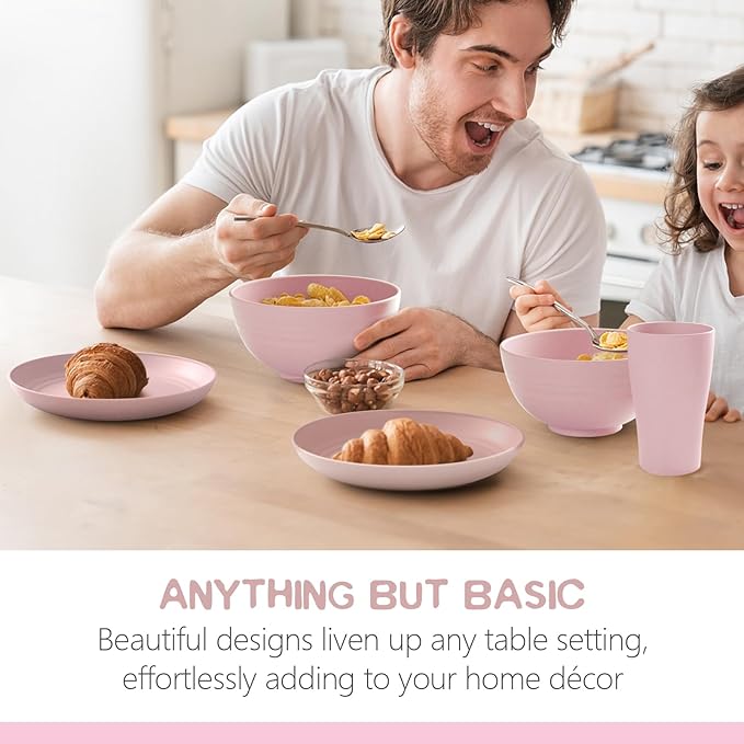 Teivio 32-Piece Kitchen Plastic Wheat Straw Dinnerware Set Service for 8 Dinner Plates Dessert Plate Cereal Bowls Cups Unbreakable Colorful Plastic Outdoor Camping Dishes Pink