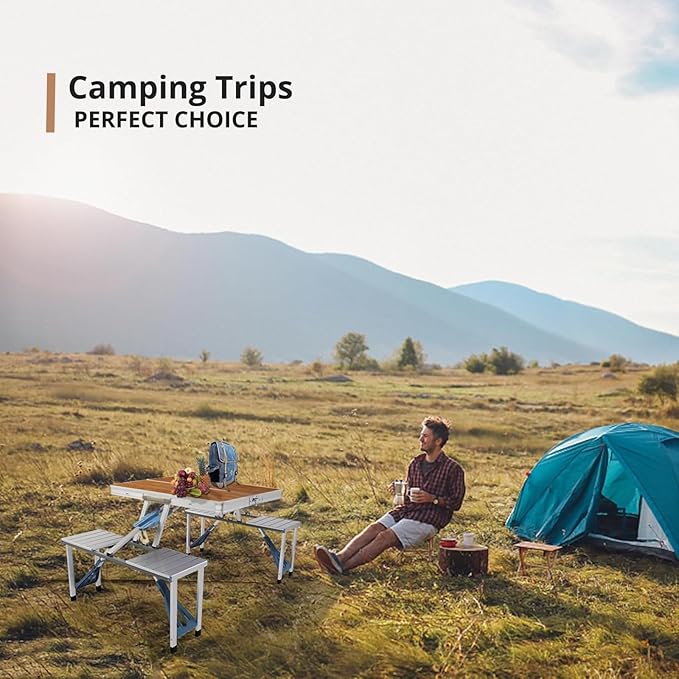4Ft Folding Camping Picnic Table with 4 Chairs with Umbrella Hole Lightweight Suitcase Card Table-220 Lbs Support Aluminum Frame Plastic RV Tabletop for Outdoor Party Beach and Backyard