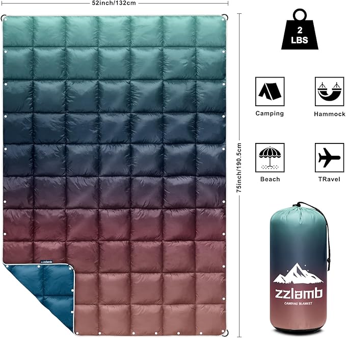 zzlamb Camping Blanket for Cold WeatherOutdoor Puffy Blanket Portable Down AlternativeWindproof Warm Cloak with SnapsCozy Quilt Backpacking Picnic RV Travel Plane Car Hammock Beach Climbing