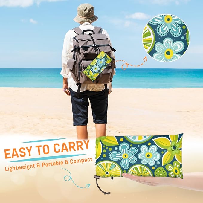 Waterproof Sandproof Beach Blanket 59''×68'' Fruit Lemon Polyester Outdoor Picnic Blanket with 4 Stakes &amp Storage Bag for BeachCampingVacation Yellow-Green