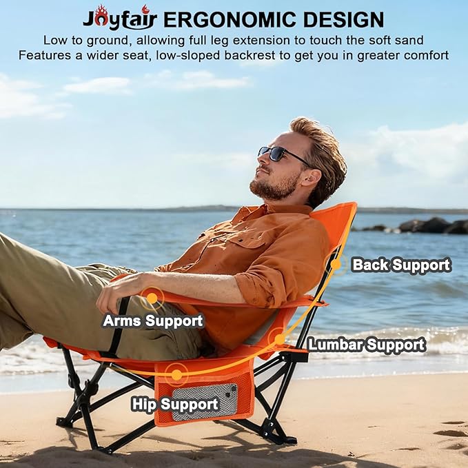 Joyfair Beach Camping Chair (2 Pack) Outdoor Folding Lawn Chair for Adults Heavy Duty Portable Chair with Armrest for Outside Fishing Sport Patio Cup Holder &amp Storage Pocket Carry Bag (Orang
