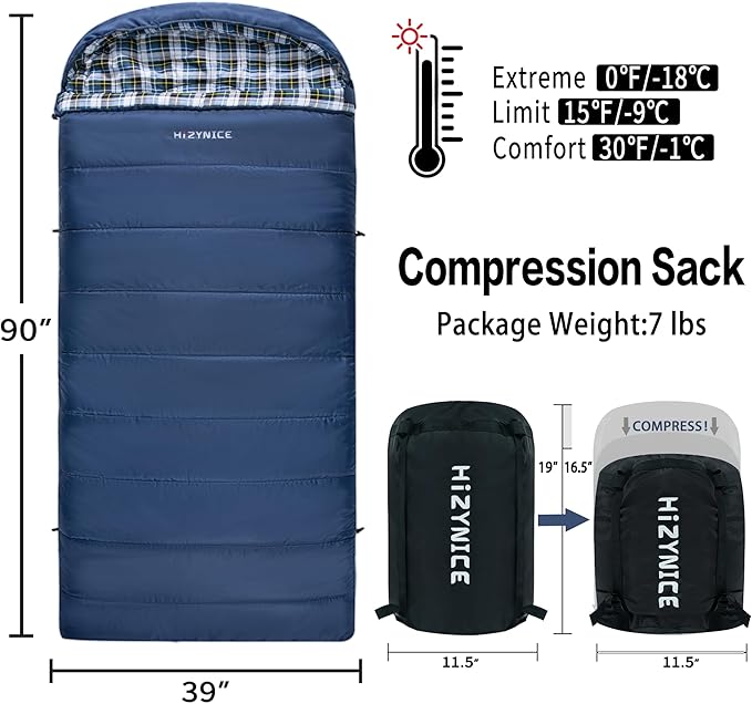 Cold Weather Sleeping Bag 100% Cotton Flannel XXL for Adults Big and TallFree Compression Sack