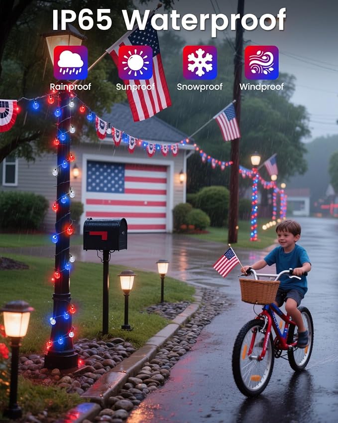 2-Pack Red White and Blue Crystal Globe Solar String Lights Outdoor 64FT 100 LED Waterproof 4th of July Decorations Solar Patriotic Lights 8 Lighting Modes for Memorial Day Independence Day Yard