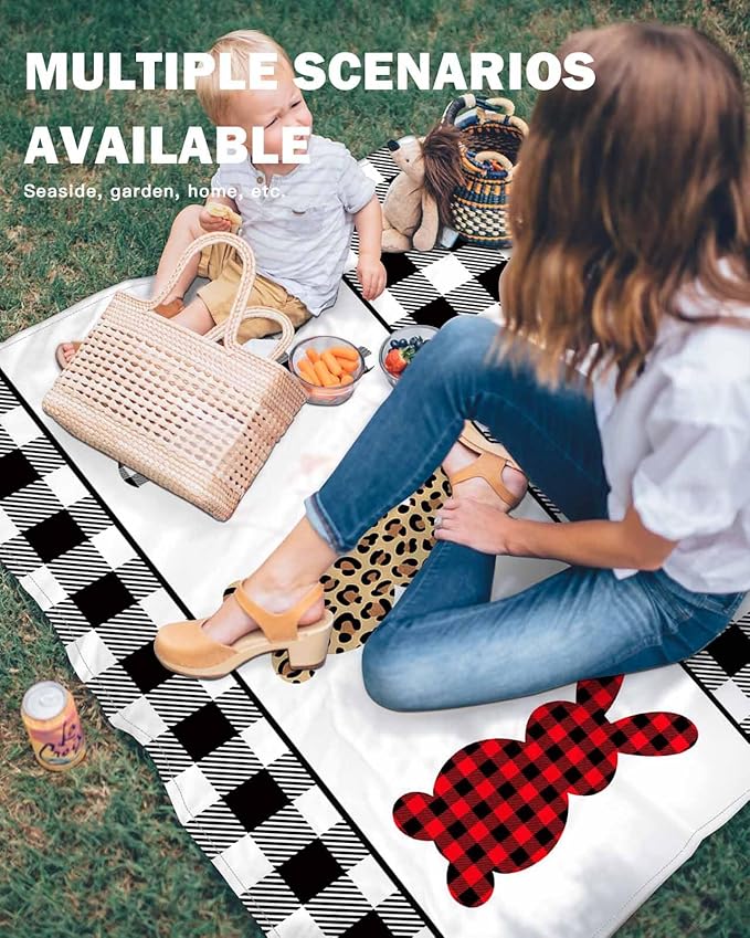 Beach Blanket Waterproof Sandproof Easter Check Leopard Rabbits Silhouette Quick Drying Beach Mat with 4 Stakes Black White Buffalo Lightweight Picnic Blanket for Travel Camping Outdoor 95x80