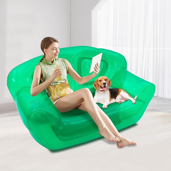 Transparent Inflatable Sofa Clear PVC Air Couch Double Seater Portable Blow Up Chair for Indoor Outdoor Camping Beach Patio Yard Holds 440lbs
