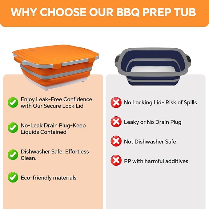 Collapsible BBQ Prep Tub for Meal Prep MarinatingFood Storage picnics camping barbecuescutting fruits and vegetables - Includes Cutting Board and Locking Lid(X-Large) Orange