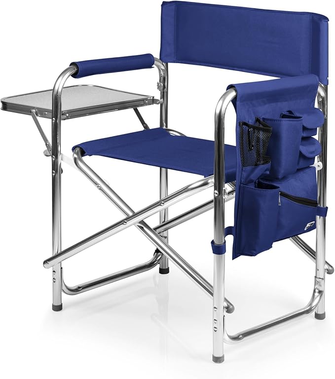 PICNIC TIME Sports Chair with Side Table and Armrest Caddy Lightweight Aluminum Folding Outdoor Camping Chair for Adults Portable Director Style Lawn Seating with Pockets &amp Carry Strap (Navy Bl