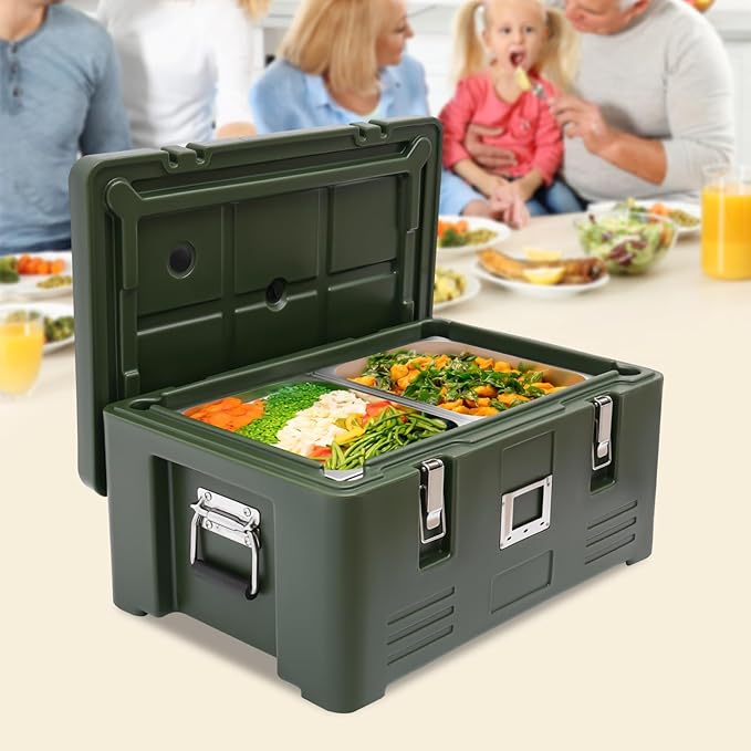 Insulated Food Pan Carrier Box with 2 Food Pans 31.7Qt Hot Cold Storage Container for Catering Camping Outdoor Picnics Green
