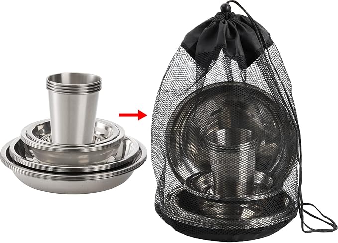 TOPZEA Set of 26 Stainless Steel Camping Plates and Bowls Camping Mess Kits Camping Dish Set Tableware Includes Plates Bowl Cups Stainless Steel Dinnerware for Camping Hiking Travel Picnic