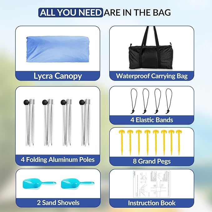 Gardentime Beach Tent Canopy with 8 Sandbags 4 Aluminum Poles Pop Up Portable Camping Sun Shelter Easy Set Up with 2 Sand Shovel Ground Pegs Carrying Bag for Outdoor BeachPicnic Fishing