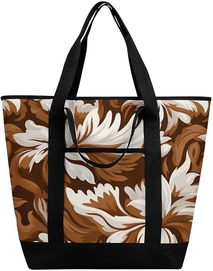Insulated Shopping BagLarge Reusable Cooler Bags Brown And White Pattern Printed Foldable Shopping BagTravel Waterproof Shoulder Bag