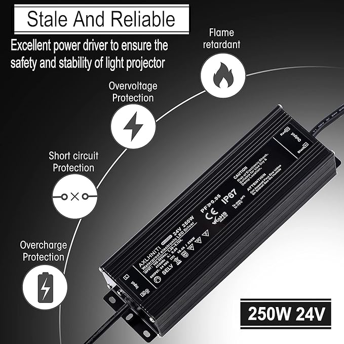 LED Power Supply 250W Waterproof IP67 100V-265V AC to 24V DC 3-Prong Plug with 3.3 Feet Cable for LED Strip Lights