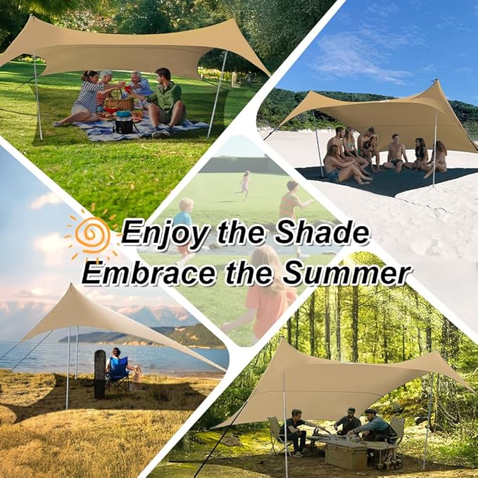 10×10ft UPF50+ Beach Tent Sun Shelter Windproof Stable Outdoor Pop Up Beach Shade Canopy for Camping Fishing Backyard Fun or Picnics 2 Poles