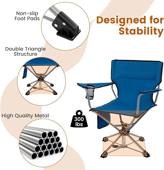 Tangkula Swivel Camping Chair Portable Lawn Chair with Cup Holder Storage Pocket Carrying Bag Lightweight Outdoor Folding Chair for Outside Camp Fishing Hiking Beach No Assembly Needed