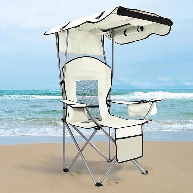 Beach Chair with Canopy Shade Folding Camping Chair Support to 330LBS Outdoor Chair with Cup Holder &amp Cooler Bag for Travel Hiking