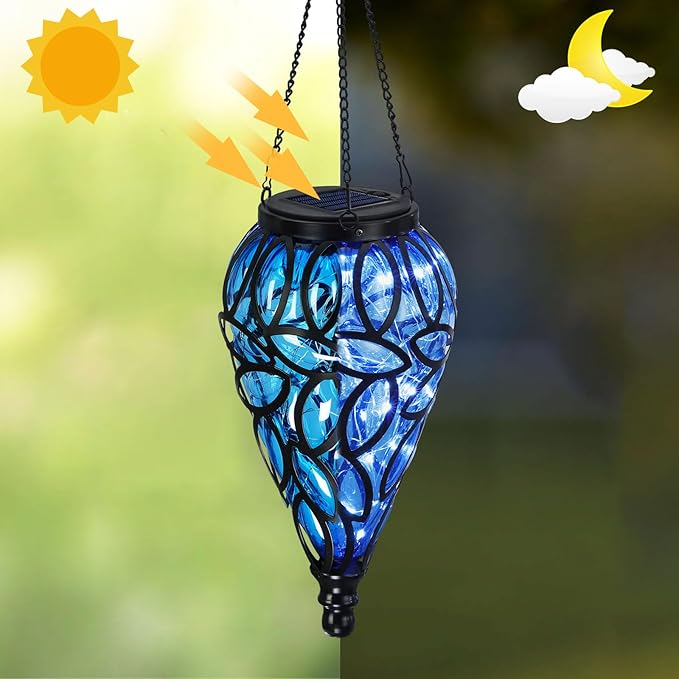 SUNNYPARK Outdoor Plastic Solar Hanging Lantern 15 Cool White LEDs Twinkle Effect Tear-Shaped Hanging Lantern Decor Garden Decorative Solar Lights for Backyard Patio and Lawn