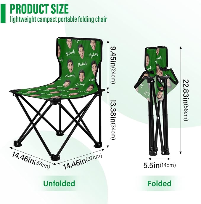 Sinestour Green Custom Photo Folding Camping Chair for Teen Child Personalized Name 14.6×14.6in Portable Outdoor Chair with Carry Bag for Barbeques Picnic Travel