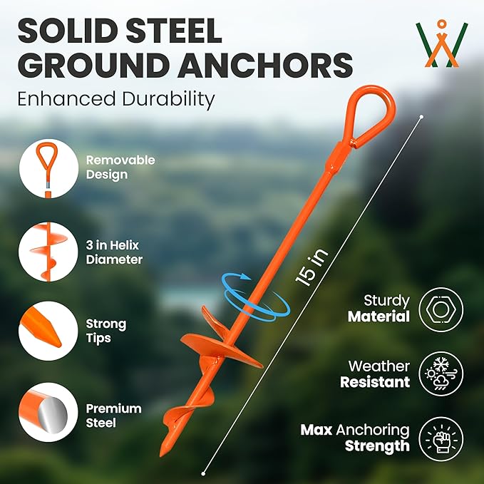 15 Screw-In Ground Anchors (4 Pack) – Heavy Duty Orange Trampoline Stakes High Visibility Earth Augers with Drill Bit &amp Glow Carabiners for Canopy Tents Carports &amp Swing Sets