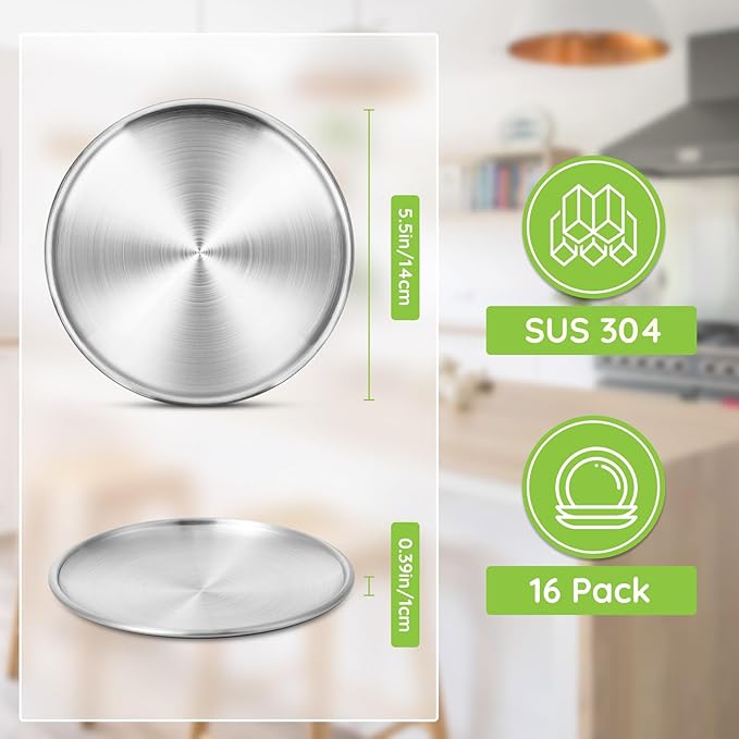 Stainless Steel Plates 16 Pack 5.5 inch 304(18/8) Metal Food Serving Plate Set Reusable Snack Eating Dishes Round Shatterproof Plate Silver Dinnerware for BBQ Dinner Oven Dishwasher Safe