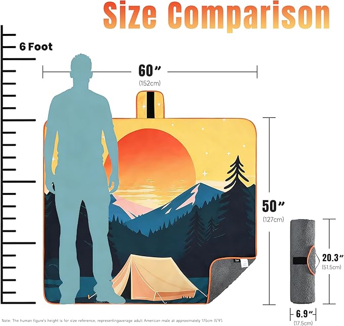 Tirrinia Waterproof Outdoor Blanket Warm Windproof Stadium Blankets with Sherpa Lining Foldable Camping Blanket Emergency Blanket with Mountain Landscape Design for Car Beach Picnic Hiking