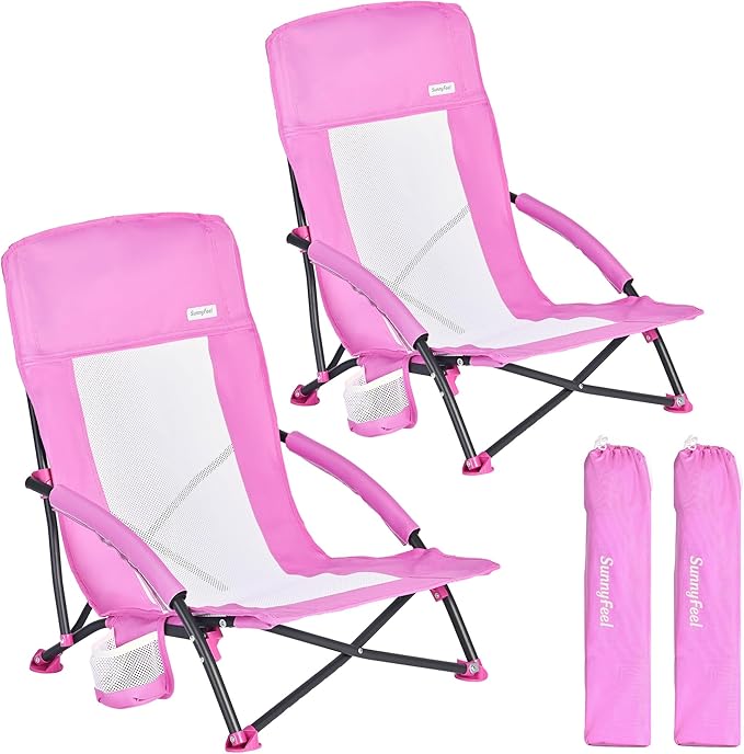 SUNNYFEEL Folding Low Camping Beach Chair 2 Pack Lightweight Portable Lawn Chair with Mesh Back Cup Holder for Outdoor/Travel/Picnic/Concert Foldable Camp Backpack Chair with Carry Bag
