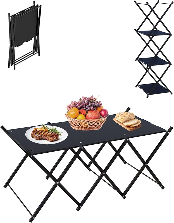 Folding Camping Table &amp Shelf 2-in-1 Portable Aluminum Picnic Table and 3-Tier Storage Rack Lightweight Low Table with Carrying Bag for Outdoor Beach Picnic BBQ and Party