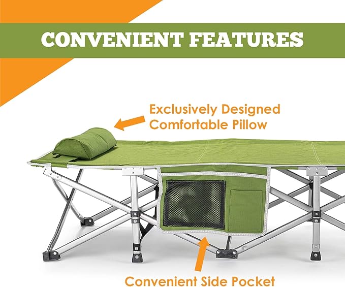 Alpcour Folding Camping Cot – Extra Strong Single Person Small-Collapsing Bed in a Bag w/Pillow for Indoor &amp Outdoor Use – Deluxe Comfortable Extra Heavy Duty Design Holds Adults &amp Kids Up to