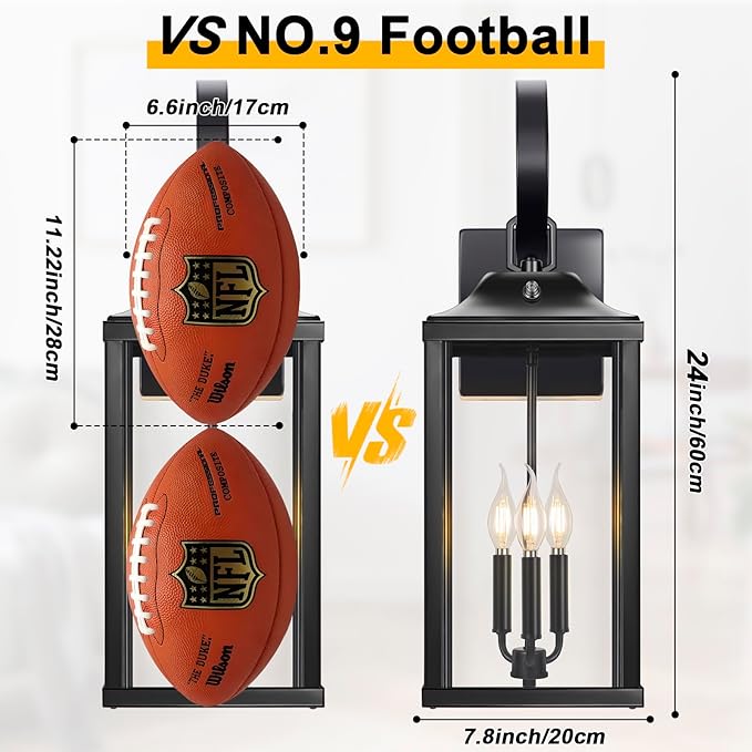 24 Extra Large Dusk to Dawn Outdoor Wall Light Black 3-Light Waterproof Exterior Wall Mount Porch Lantern Modern Outside Wall Sconce Coach Light with Clear Glass E12 1-Pack