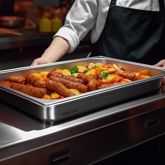 VEVOR 6 Pack Stainless Steel Hotel PansFull Size 4 Inch Deep 0.8mm Thick Anti-Jam Commercial Food Pans for Steam Tables Restaurants Catering &amp Industrial Use