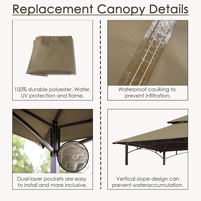 Grill Gazebo Replacement Canopy Roof – Hugline 5x8 Outdoor Grill Shelter Canopy Top Double Tiered BBQ Tent Cover Fit for Model L-GG001PST-F (Khaki Ripstop)