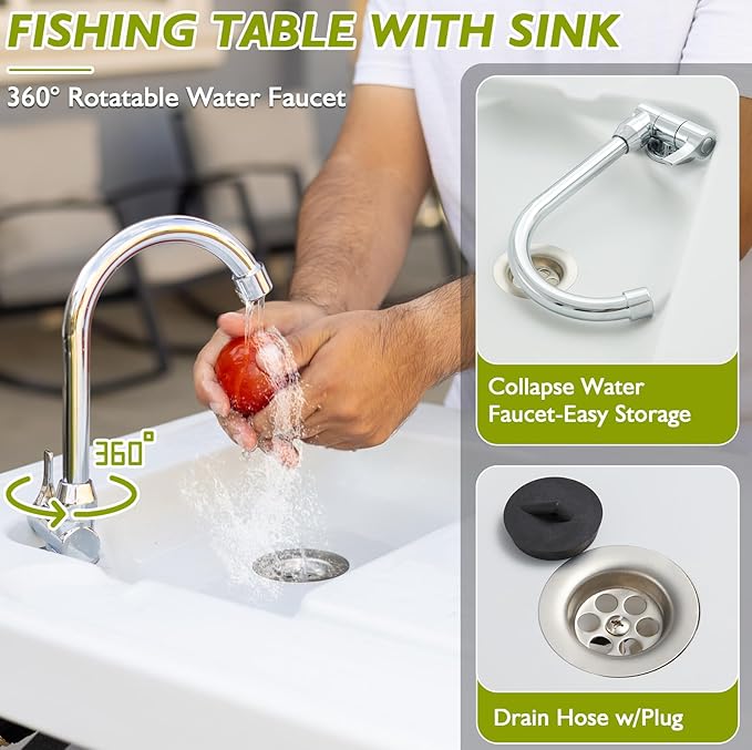 Folding Fish Cleaning Table Portable Camping Sink with Faucet Drainage Hose &amp Sprayer Outdoor Fillet Station Grid Rack Knife Groove for Picnic Fishing Black