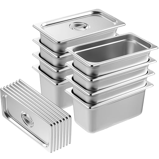 VEVOR 8 Pack Hotel Pans with Lids 1/3 Size Anti-Jam Steam Pan 0.8mm Thick Stainless Steel Steam Table Pan 6-Inch Deep Commercial Table Pan Catering Storage Food Pan for Industrial &amp Scientifi