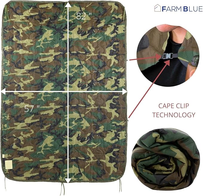 Farm Blue Jungle Camo Army Camping Blanket - Authentic and Improved Woobie Blanket Poncho Liner - Lightweight Multi-Functional All Weather Versatile - Go Backpacking or Car Camping Outdoor