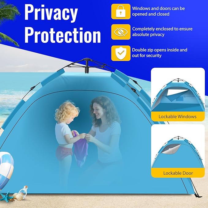 Beach Tent Sun Shade for 4-5 Person Two Doors Large Pop Up Beach Tents for Adults and Kids Portable Automatic Instant Sun Shelter Canopy Tent UV 50+ Ideal for Garden Fishing Picnic