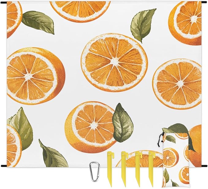 Waterproof Sandproof Beach Blanket 59''×68'' Navel Orange Polyester Outdoor Picnic Blanket with 4 Stakes &amp Storage Bag for BeachCampingVacation White