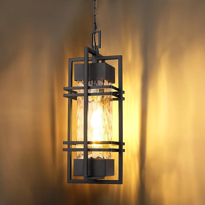 WIHTU Large Outdoor Pendant Light Fixture Modern Hanging Lantern Ceiling Mount Anit-Rust Waterproof Chandelier Lighting Exterior with Stone Bubble Glass for Porch Garage Gazebo Patio