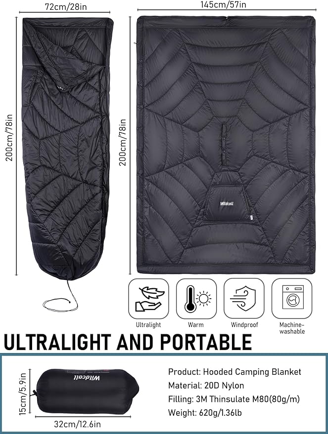 WildCall Hooded Camping Blanket with 3M Thinsulate Insulation Wearable Poncho Blanket Ultralight Foldable Quilt Sleeping Bag for Outdoor Hiking Stadium